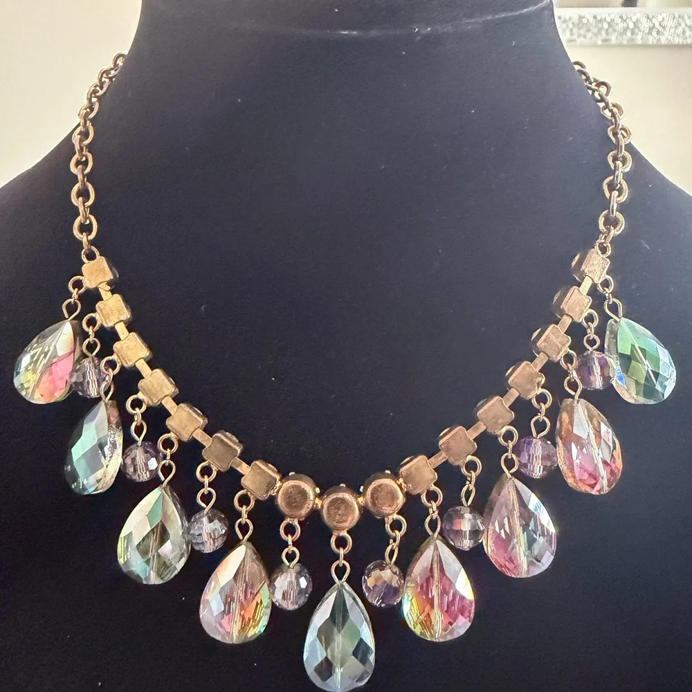 Vintage Purple and Green AB Rhinestone teardrop necklace